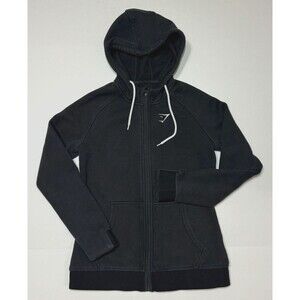 GYMSHARK Jacket Womens Black White Logo Full Zip Hoodie Sweatshirt Cotton XS